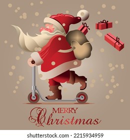santa claus delivering christmas presents traveling on an electric scooter - vector illustration