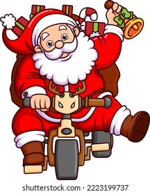 El santa claus está entregando cajas de regalo en una bicicleta mientras suena una campana de ilustración