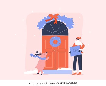 Santa Claus delivering a gift with reindeer at the front door, Christmas festival illustration