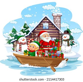 Santa Claus delivering gifts by row boat illustration