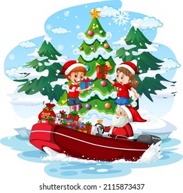 Santa Claus delivering gifts by boat illustration