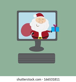 Santa Claus delivering gifts through the computer screen