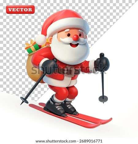 Santa Claus delivering gifts while skiing, 3D vector. Suitable for events, business and sports