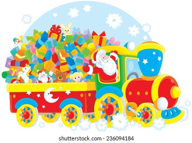 Santa Claus delivering his Christmas gifts on a train