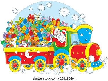 Santa Claus delivering his Christmas gifts on a train