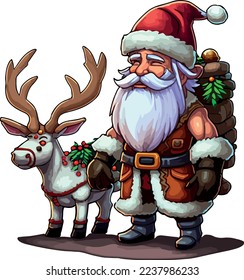 Santa Claus delivering presents with a reindeer
