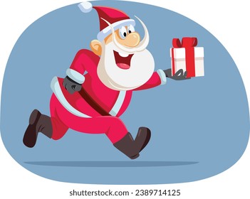 
Santa Claus Delivering Presents in time for Christmas vector Illustration. Cheerful Santa Holding an Xmas gift box running fast 
