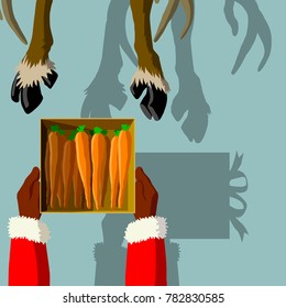 Santa Claus delivers carrots as a gift to the reindeer. vector
