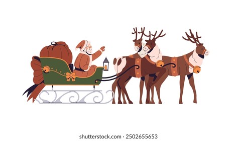 Santa Claus delivers Christmas gifts by reindeer sleigh. Old man drives with bag of Xmas presents by deer sledge. Delivery of giftboxes in winter holidays. Flat isolated vector illustration on white