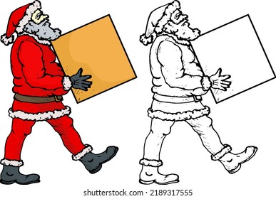 Santa Claus delivers a gift package, isolated against white. Hand drawn vector illustration.