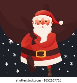 Santa Claus delivers gifts in a big bag Merry Christmas. Santa Claus walks and holds the bag, walking in the snow. Winter background for holiday season design. Vector illustration