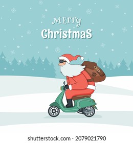 Santa Claus delivers gifts on vintage green motor scooter. Vector cartoon flat illustration christmas holiday greeting card