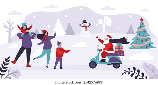 Santa Claus delivers gifts on motorbike. Santa claus carrying presents for christmas and new year. Happy family waiting and receiving gifts. Holiday celebration, horizontal banner. vector illustration