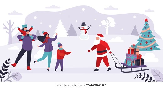 Santa Claus delivers gifts on sled. Santa claus carrying presents for christmas and new year. Happy parents with children waiting and receiving gifts. Holiday celebration, horizontal banner. vector