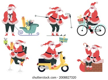 Santa Claus delivery. Cute Santa character delivering xmas holidays gifts with bike, sleigh and moped vector illustration set. Christmas gifts delivery on motorbike, bicycle, ski, through chimney
