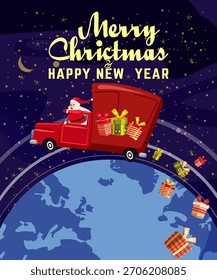 Santa Claus delivery gift boxes an old retro truck, planet Earth