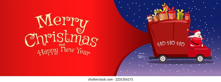 Santa Claus delivery van huge bag of Christmas gifts. Merry Christmas banner