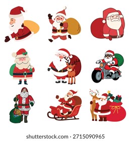 Vector de entrega de Santa Claus. Navidades Personajes Montar en moto y trineo con bolsas de regalo. Conceptos de transporte para anuncios de envío de Festiva.