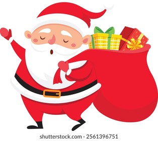 Santa Claus is depicted in a cheerful pose, waving with one hand while carrying a large red bag overflowing with colorful wrapped Christmas gifts, radiating the festive spirit of Christmas