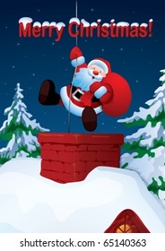 Santa Claus descends the chimney. He keeps a bag of gifts.