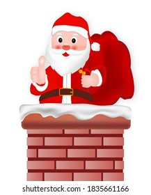 Santa Claus descends the chimney and keeps a bag of gifts isolated on white background. vector illustration.