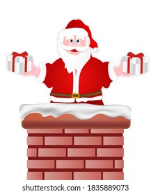 Santa Claus descends the chimney and keeps a bag of gifts isolated on white background. vector illustration.