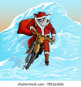 santa claus descends from the snow-covered mountain on a motorcycle. new vector illustration