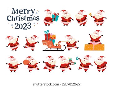 Santa Claus different characters isolated collection. Santa with gift box, bell, presents sleigh and carry Christmas stocking and gift bag. Vector flat Christmas illustration. For banner, sticker.