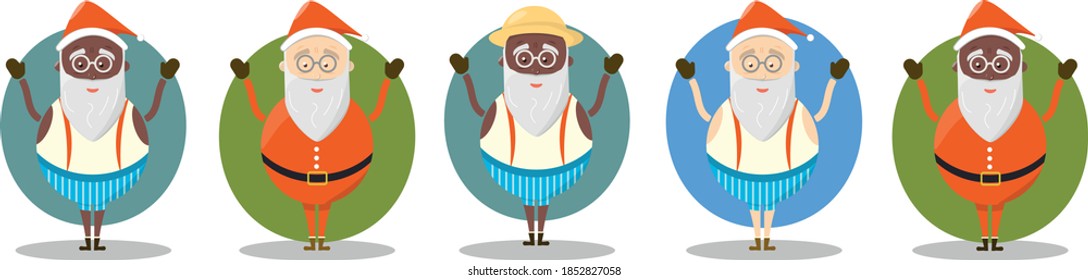 
Santa Claus con ropa y etnias diferentes, ilustración vectorial y caracterización. Papá Noel en verano.
