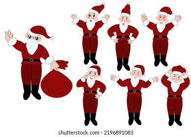 Santa Claus with different emotions. Vector set of  emoticons, emoji