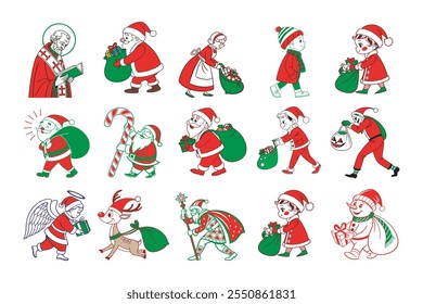 Santa Claus in different guises including Saint Nicholas, kris Kringle, Father Christmas, Kid,  Daughter, Friend, Candy cane, Elves Claus, Halloween, Grinch, Angel and Snowman Claus.