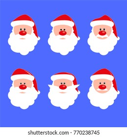 Santa Claus in different persons in hat with beard and moustache. Vector drawing illustration