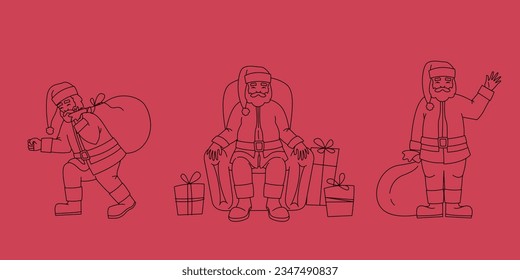 Santa Claus in different poses. Christmas character in outline style.