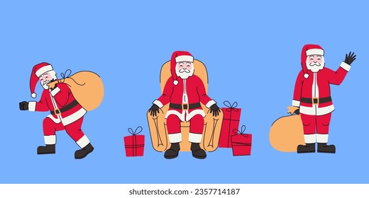 Santa Claus in different poses. Christmas character in doodle style.