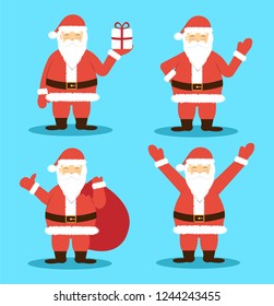 Santa Claus in different poses. Merry Christmas and Happy New Year. Flat style.