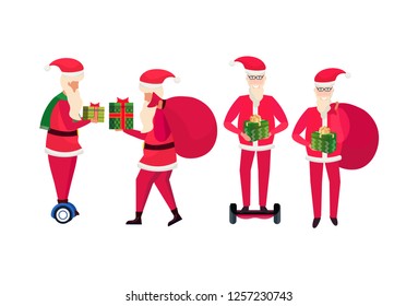 santa claus different poses ride electric scooter hold gift box new year merry christmas concept male cartoon character profile full length isolated horizontal