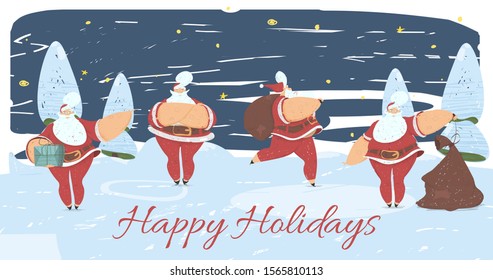 Santa Claus in Different Postures Stand with Crossed Arms, Carry Bag with Gifts, Holding Present Box, Untie Sack Standing on Snowy Background. Happy Holidays Card. Cartoon Flat Vector Illustration