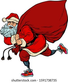 Santa Claus disabled on prostheses delivers gifts for Christmas. pop art retro vector illustration kitsch vintage drawing 50s 60s