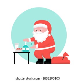 Santa Claus disinfects hands with sanitizer before take milk and cookies. Christmas eve gifts. Vector flat illustration