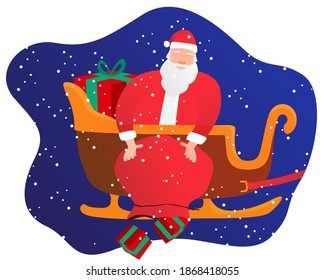 Santa Claus distributes Christmas gifts at night from his sled to celebrate the New Year