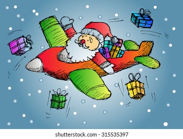 Santa Claus distributing gifts from plane