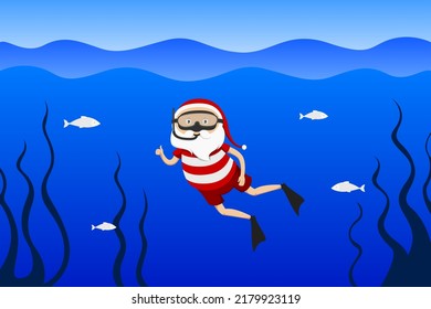 Santa Claus diving with mask and flippers. Vector illustration.