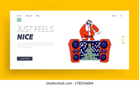Santa Claus DJ in Red Costume and Headset Making Music at Night Club Landing Page Template. Cool Christmas Character Performing Modern Disco Dance Party Xmas Celebration. Linear Vector Illustration