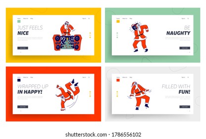 Santa Claus DJ in Red Costume and Headset Making Music at Night Club Landing Page Template Set. Cool Christmas Character Perform Modern Disco Dance Party Xmas Celebration. Linear Vector Illustration