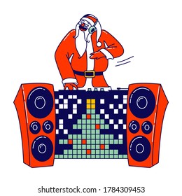 Santa Claus DJ in Red Traditional Costume and Headset Making Music at Console at Night Club. Cool Christmas Character Performing Modern Disco Dance Party Xmas Celebration. Linear Vector Illustration