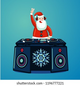 Santa Claus dj with vinyl turntable. Christmas music party poster. New Year nightclub music show