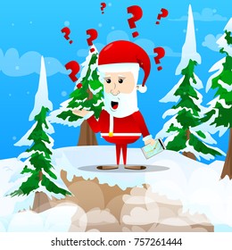 Santa Claus do not know where is he. Vector cartoon character illustration.