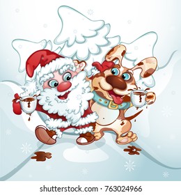 Santa Claus and the dog embraced and walked along the snowy road. Friends drink a hot drink. Vector illustration with funny characters in cartoon style. Winter postcard.