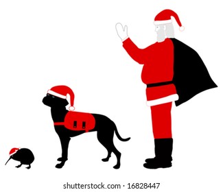 Santa Claus dog and kiwi dressed in christmas clothes