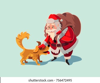 Santa Claus and dog. New Year card with dog and Santa. Santa is petting the dog